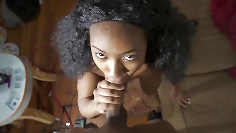 Busty ebony amateur gets deepthroated and cum in front