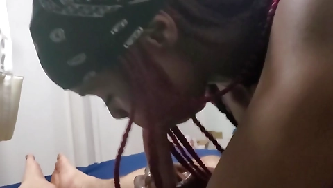 Ebony girl sucks hard cock and gets her ass rammed