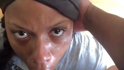 Brunette ebony is getting deepthroated by a massive black cock