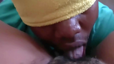 Ebony babe with a hairy pussy in hot amateur cunnilingus pov