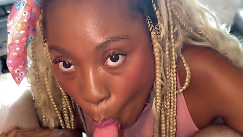 Hot interracial blowjob video clip with ebony blonde and brunette