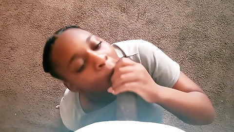 Ebony brunette sucks his dick in POV in a threesome