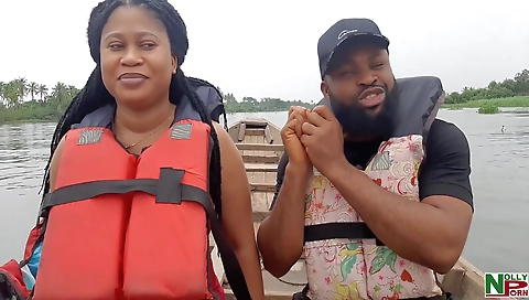 Ebony milf rides a dildo and gets creampied on the river