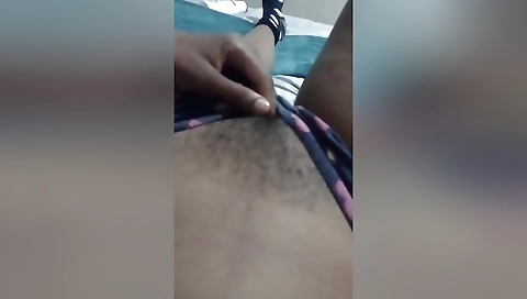 Ebony 18+ touches her pussy with hands before her boyfriend