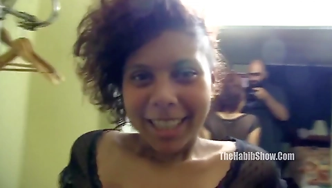 Ebony hairy babe with hairy pussy plays with pussy