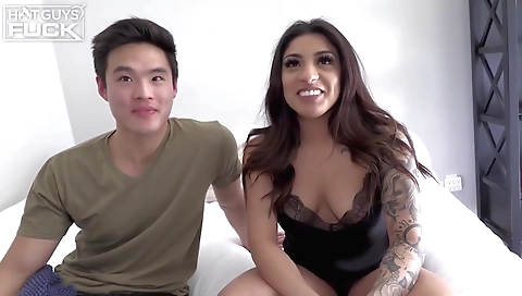 Hot brunette and a black guy in a interracial video