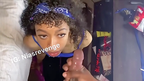 Ebony girl is sucking cock and giving it to the camera