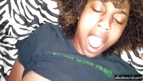 Ebony babe with big tits and hairy pussy fucks with dildo