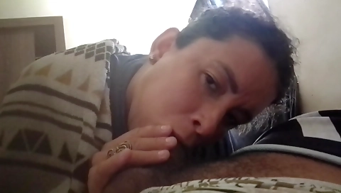 Ebony teen is playing with her hairy pussy and deepthroat