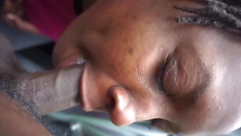 Ebony beauty eats his big cock deep and then fucks it