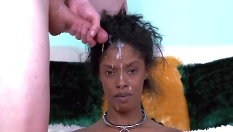 Ebony babe with a tattoo in her ass gets fucked in the face