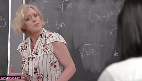Blonde teacher is fucking with a black and white student