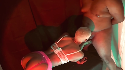 Busty ebony slut gets a big black dick deep throated