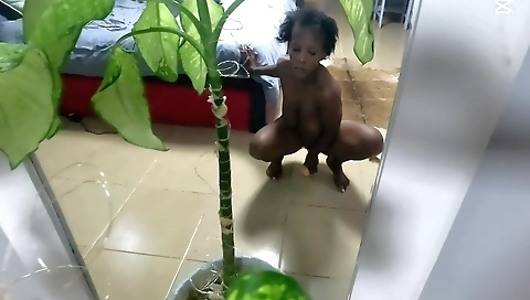 Ebony mistress with huge tits masturbates with a toy