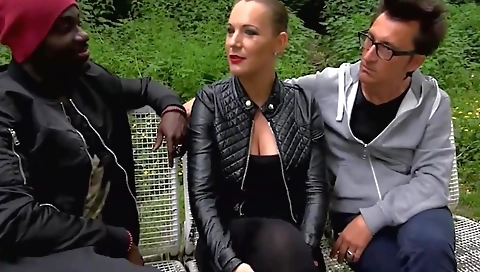 Ebony teen and two big cock in outdoor threesome video