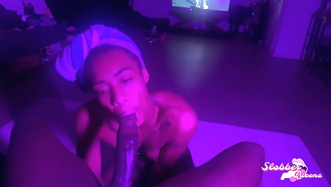 Ebony beauty with a large black cock fucks in front of us